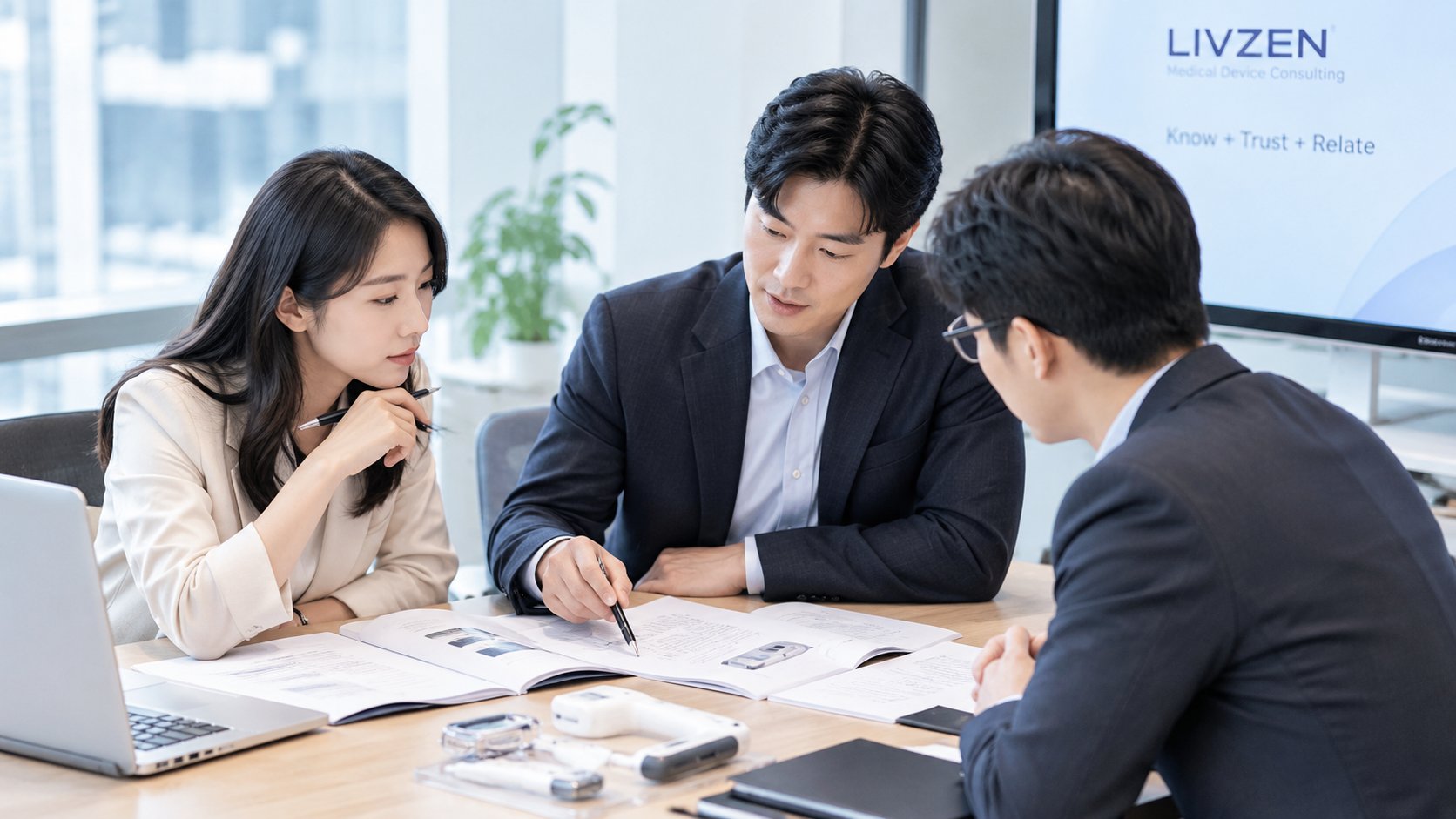 LIVZEN 컨설턴트가 의료기기 기업 담당자들과 기술문서를 함께 검토하는 모습